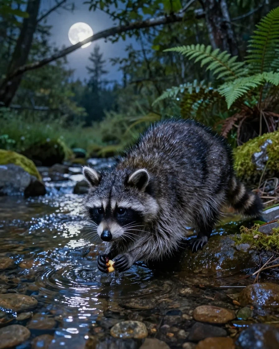 A raccoon washing food in a moonlit stream