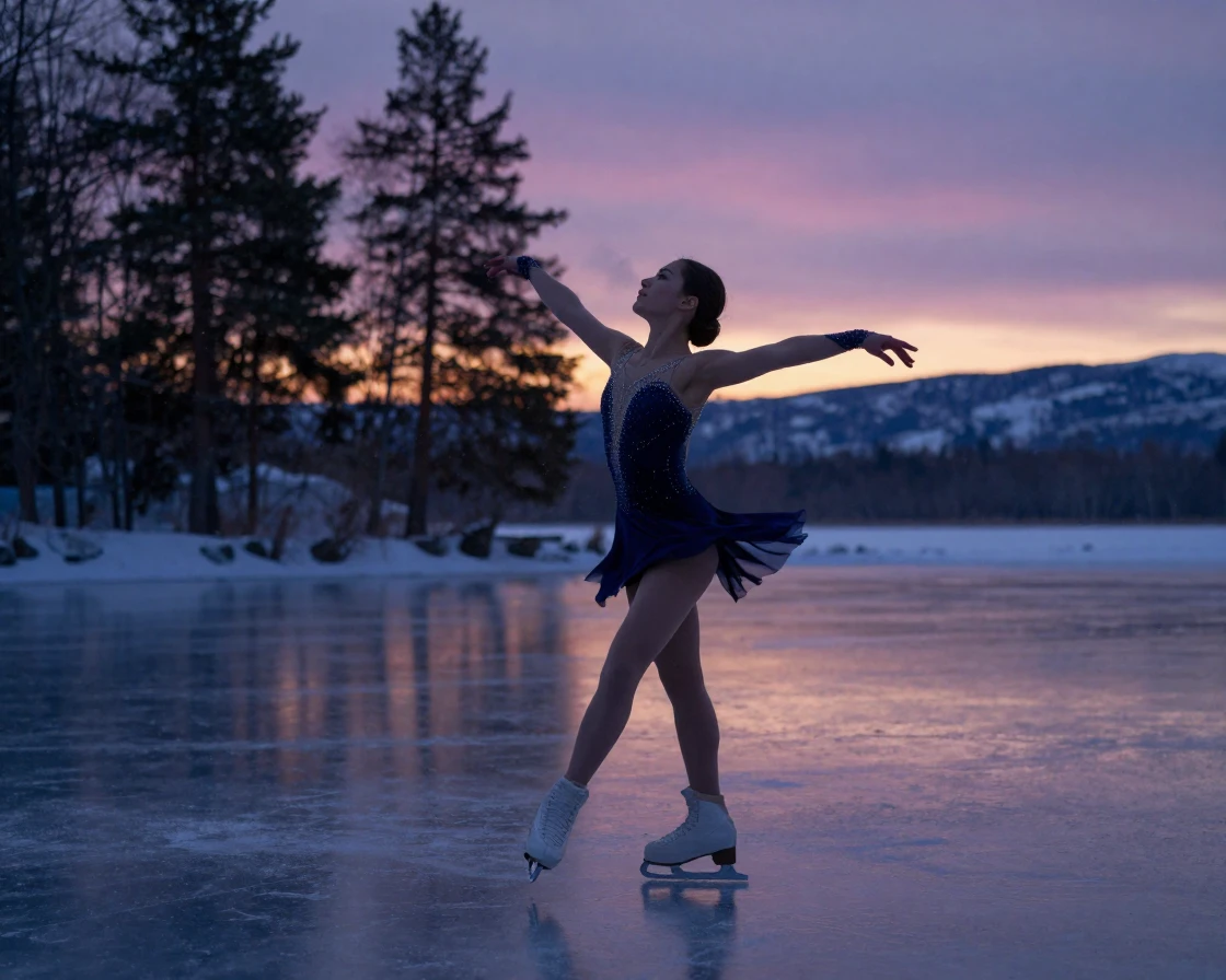 A figure skater spinning gracefully on a frozen outdoor pond at dusk