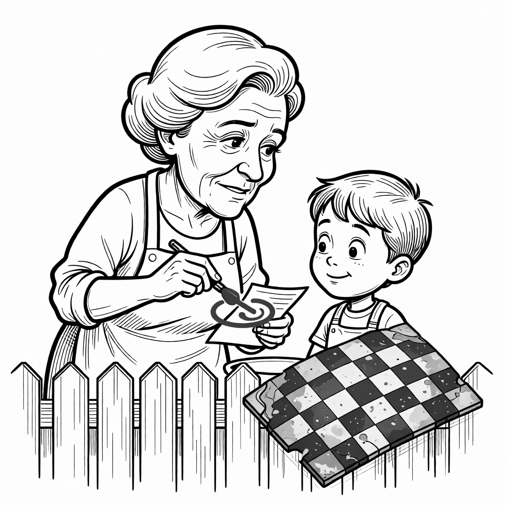 A grandmother teaching a grandchild to bake her secret recipe, circling red ink with theatrical seriousness, set over a low garden fence. A worn checkerboard shows decades of use. It captures the quiet joy of passing traditions down.