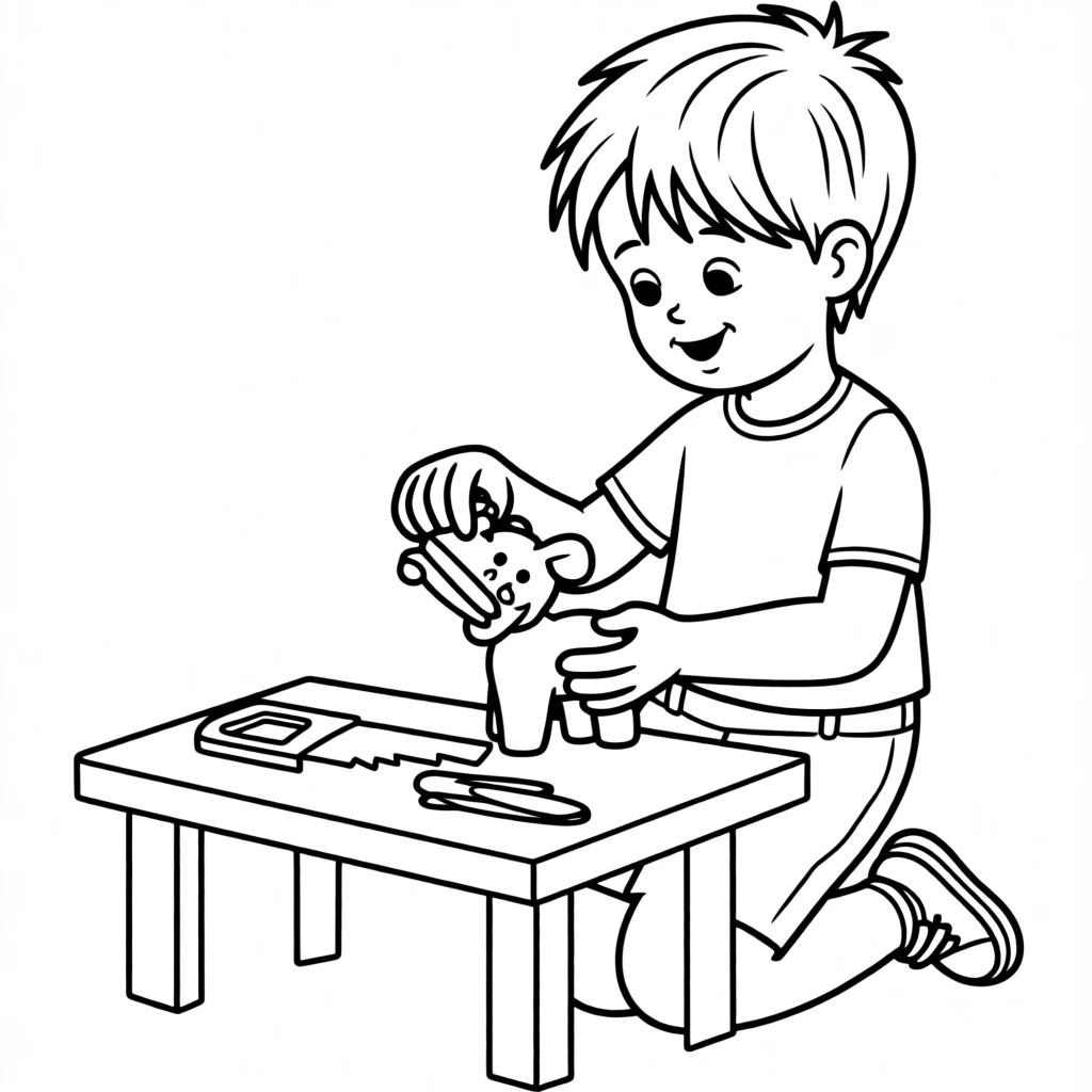 A young woodworker sanding a small wooden toy