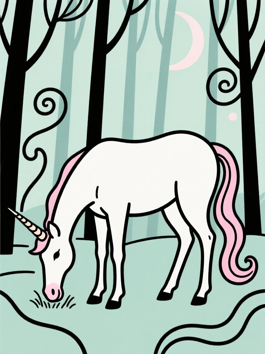 A unicorn grazing in an enchanted forest