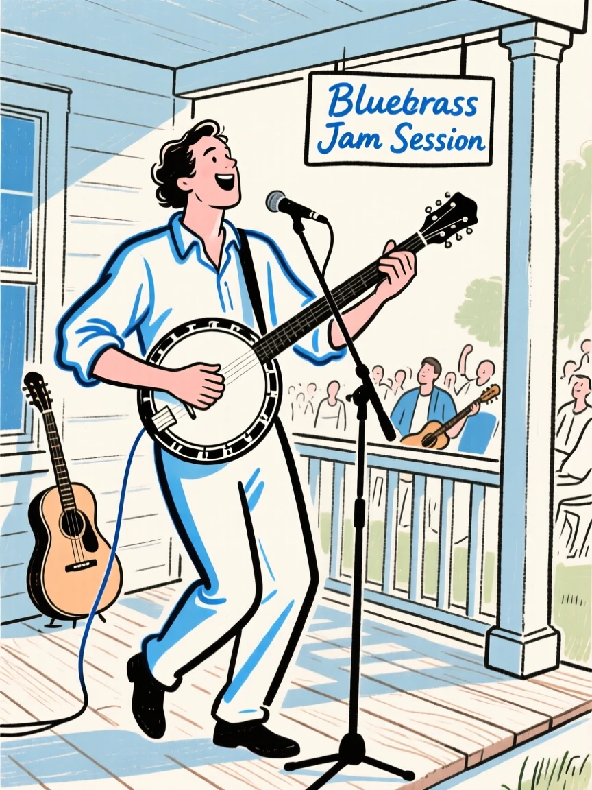 A banjo player performing on a porch during a lively bluegrass gathering.