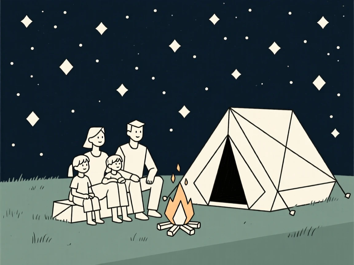 A family camping together under a starry sky