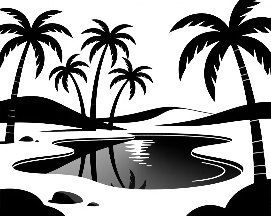 A desert oasis with palm trees and clear water.