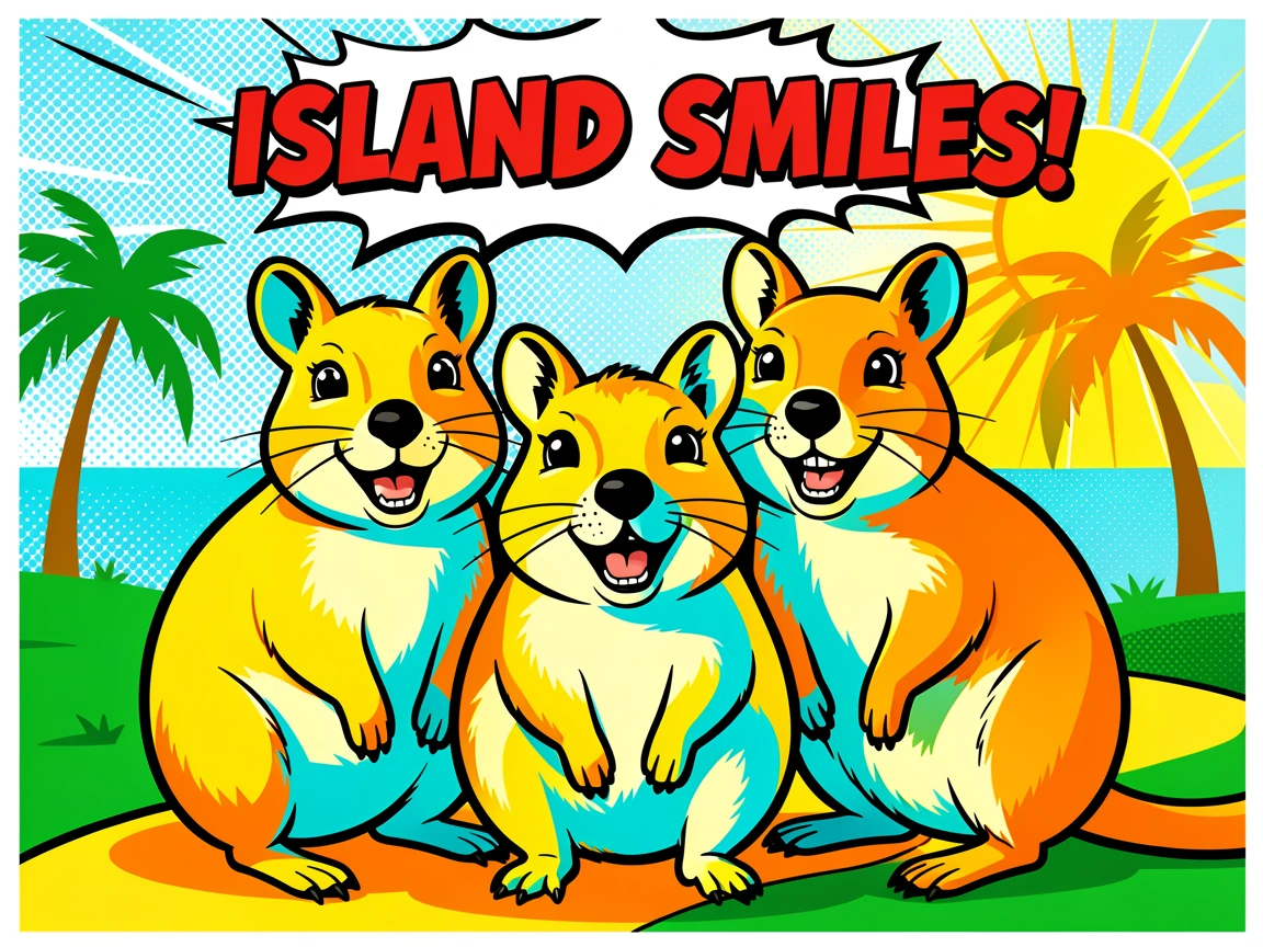 A family of quokkas smiling for the camera on a sunny island