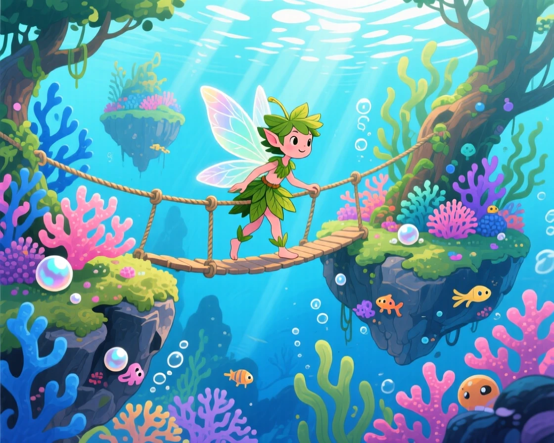 A forest sprite crossing a rope bridge suspended between floating islands, in an underwater kingdom of coral and pearl, brimming with enchantment and discovery.