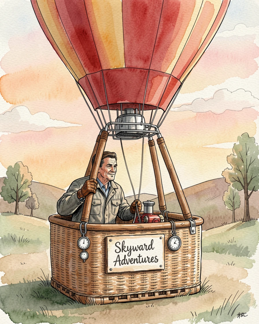 A hot air balloon pilot preparing for takeoff at sunrise, small details revealing years of practiced dedication.