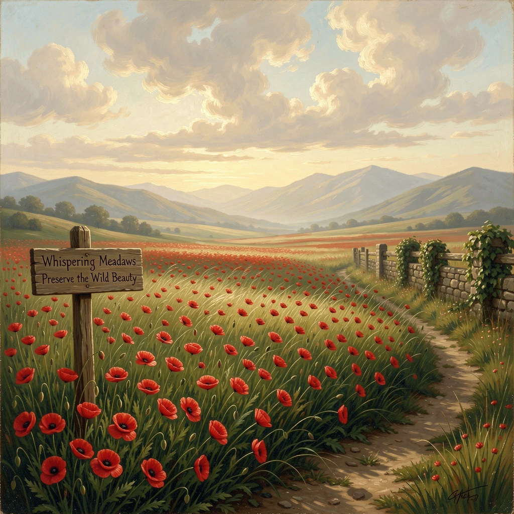 A quiet field of poppies swaying in the wind.