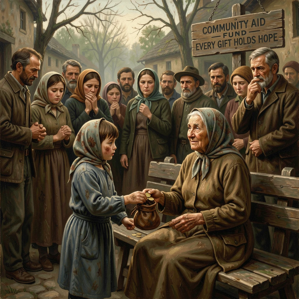 A child donating their savings to help a family in need, with the surrounding crowd or community sharing in the emotion, radiating hope, gratitude, and heartfelt connection