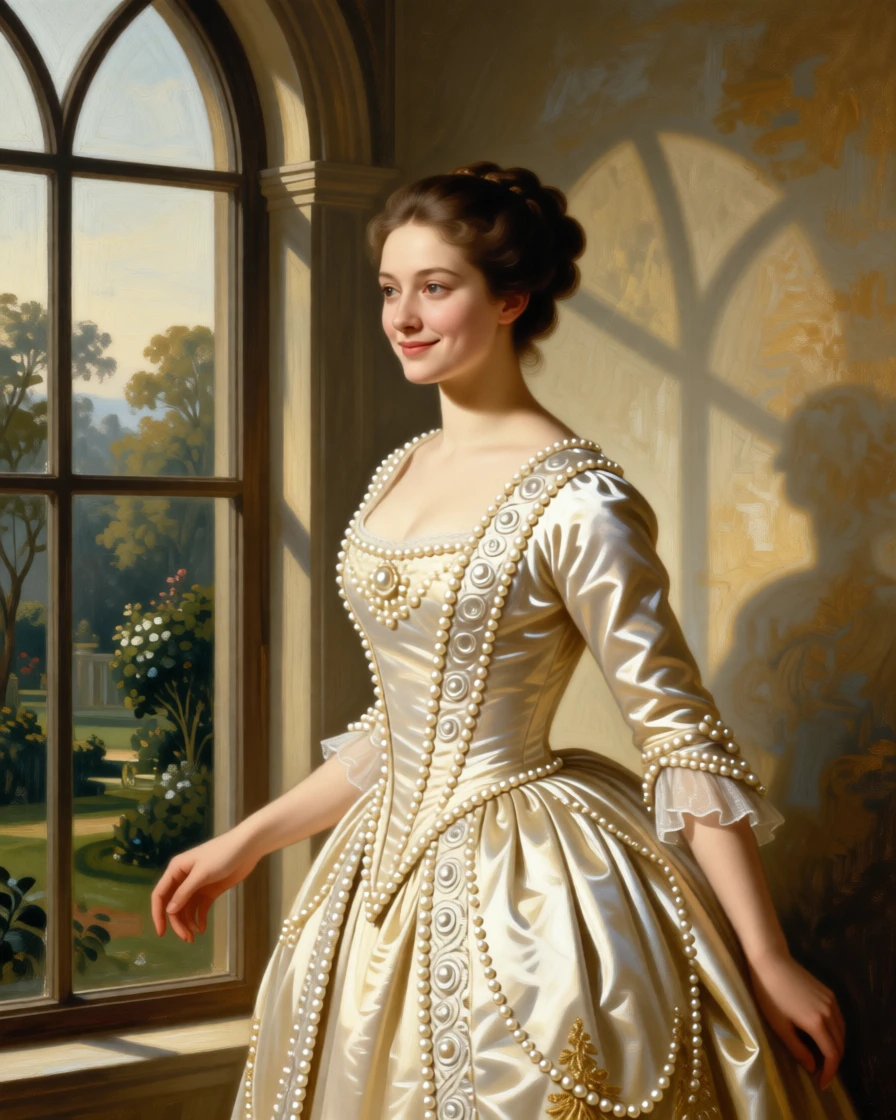 A young noblewoman in a pearl-trimmed gown, gazing thoughtfully out a window pausing as if interrupted by an unseen presence, set beside a tall arched window overlooking a garden, with a faint, knowing smile just touching the corner of the mouth; the pose is turned gently off-center for a natural, candid feel, suggesting a private world just glimpsed by the viewer.