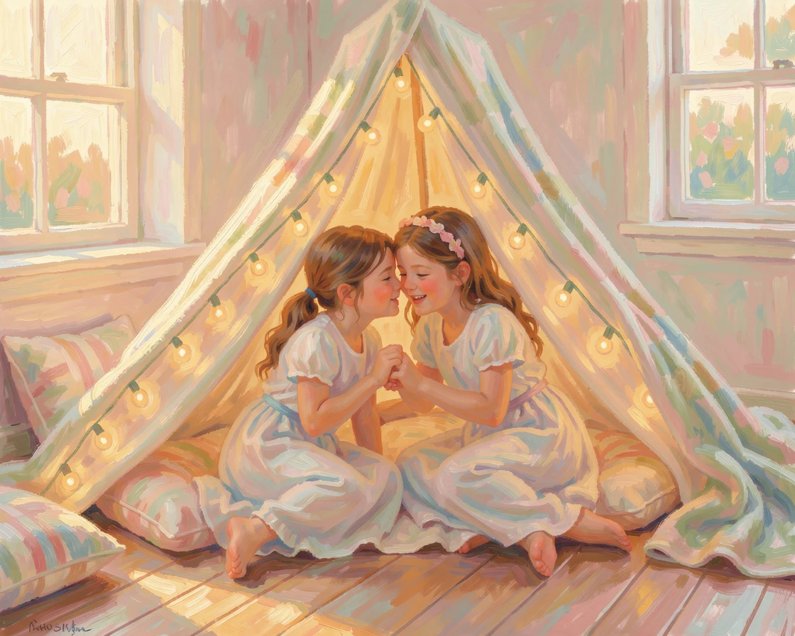 A pair of sisters sharing secrets under a blanket fort lit by string lights, at golden sunrise, radiating joy and gentle celebration.