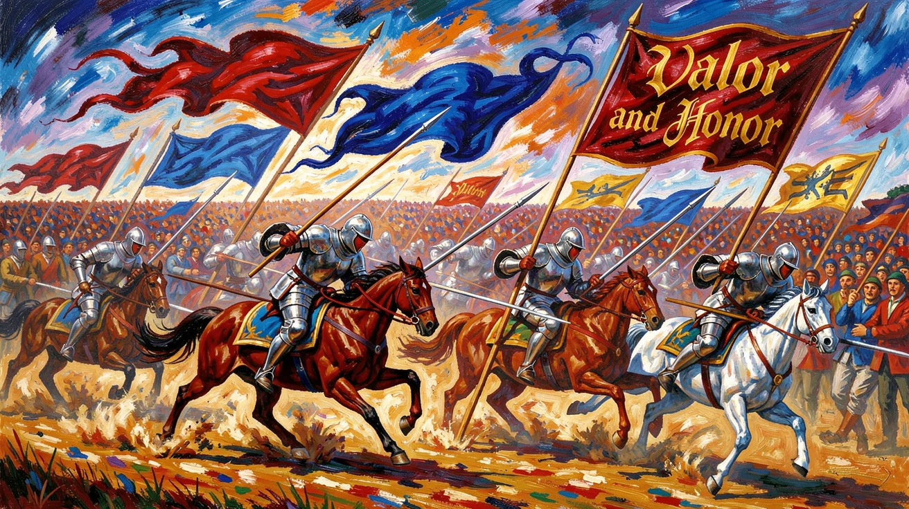 A knight's tournament in full swing, banners fluttering above a crowded jousting field.