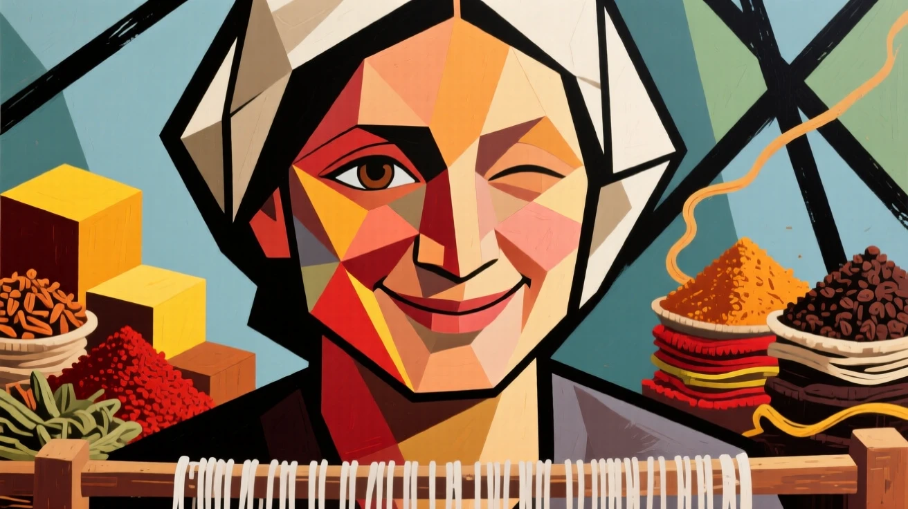 A close-up portrait of a silk weaver smiling gently surrounded by stacks of fragrant spices.