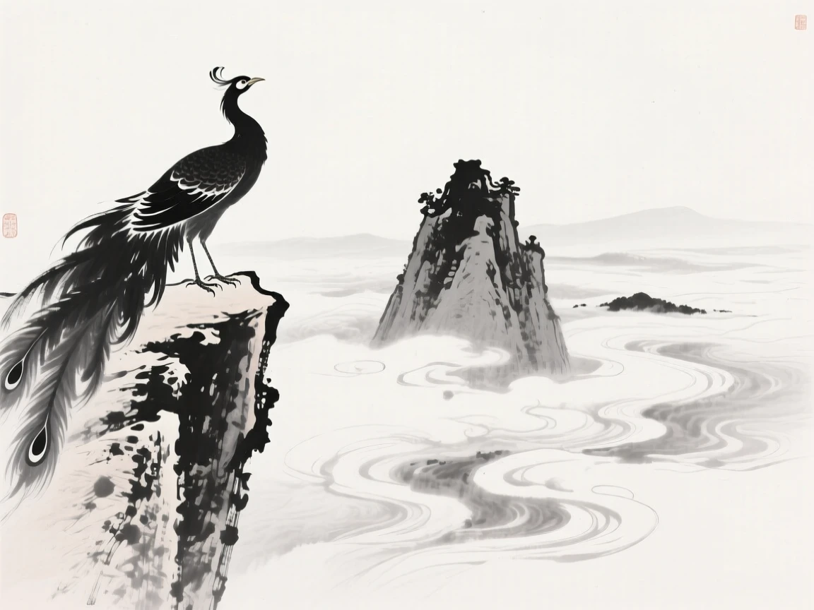 A phoenix perches on a cliff edge overlooking a valley of clouds, with clouds parting to reveal the peak below.