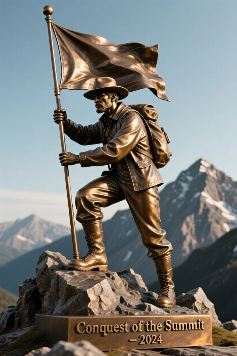 A explorer planting a flag on a mountain summit, framed by soft, dramatic shadows, forming a strong central focal point