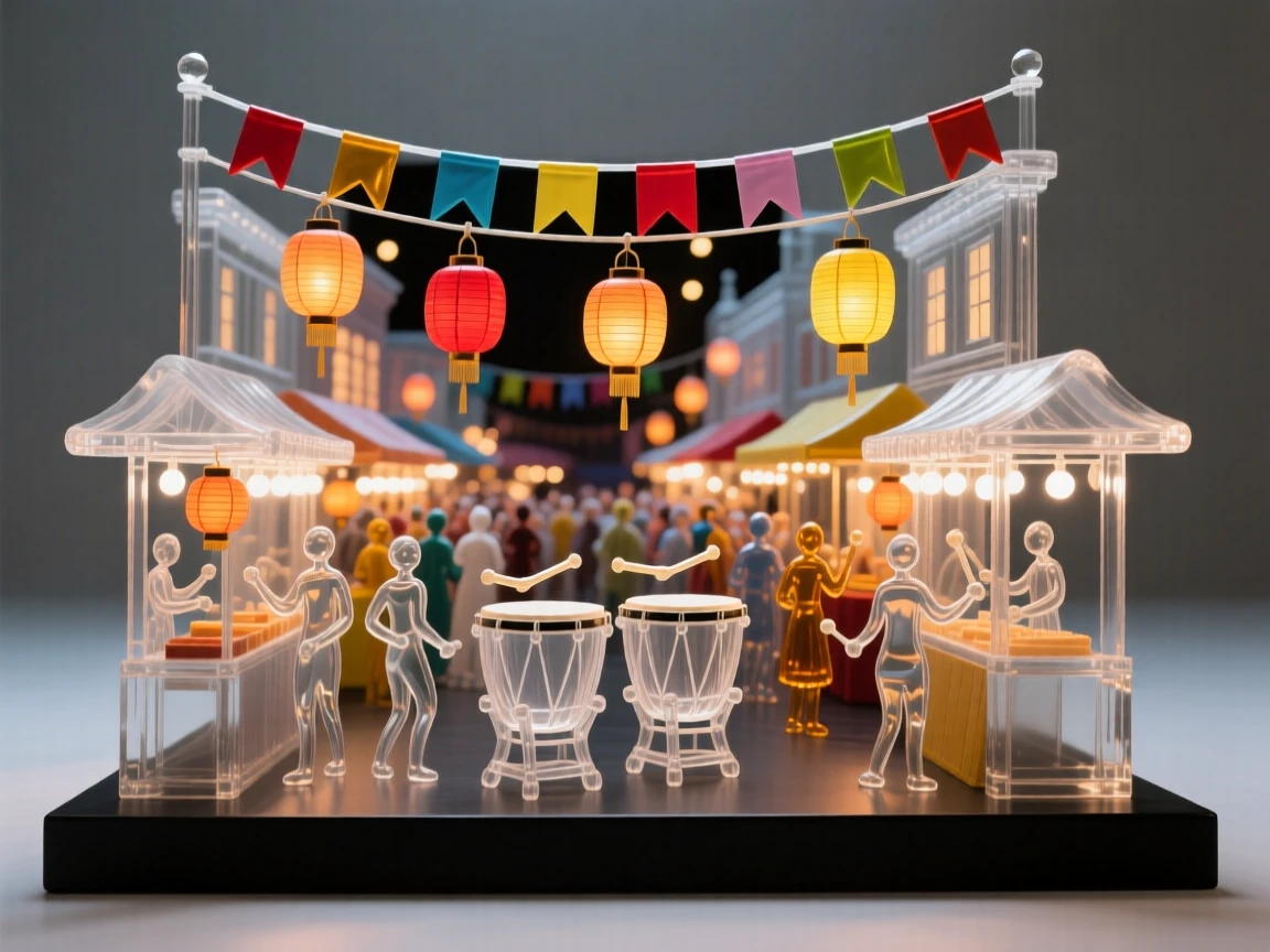 Beneath strings of colorful flags stretched between buildings, a night market glowing with lanterns and festival stalls, while drums echo steadily through the crowd