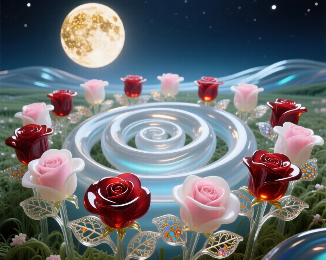 A field of blooming roses forming a spiral pattern beneath a rising moon, elegant and intricate.