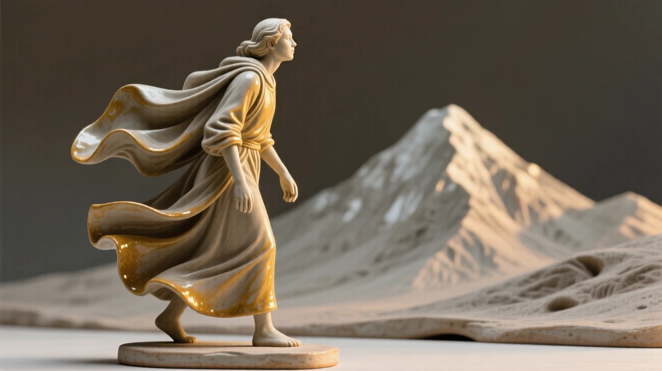 A traveler pausing to admire a distant mountain frozen mid-motion with fabric swirling around them, illuminated by a warm, golden glow, evoking tenderness and quiet intimacy.