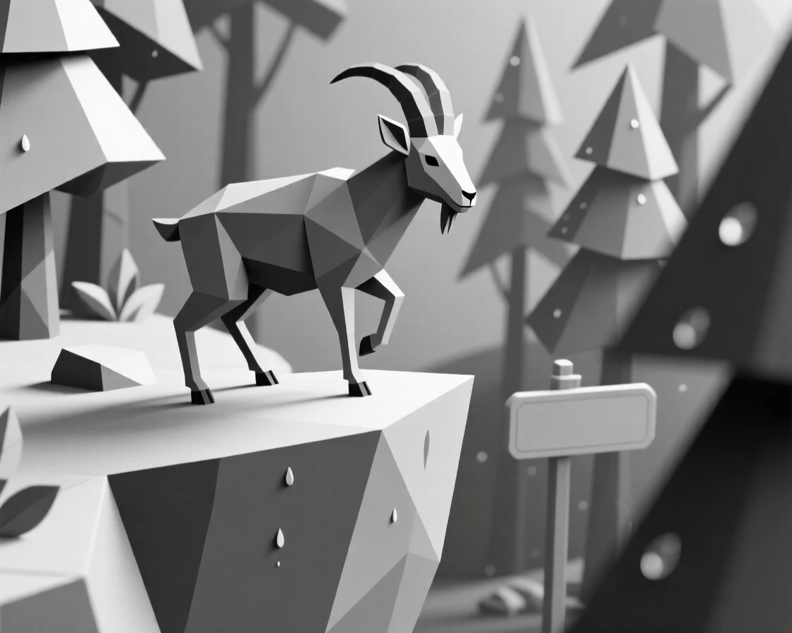 A mountain goat balancing on a steep cliff, in a quiet, dew-covered forest. the framing draws the eye directly to its gaze. It captures a fleeting moment of freedom.