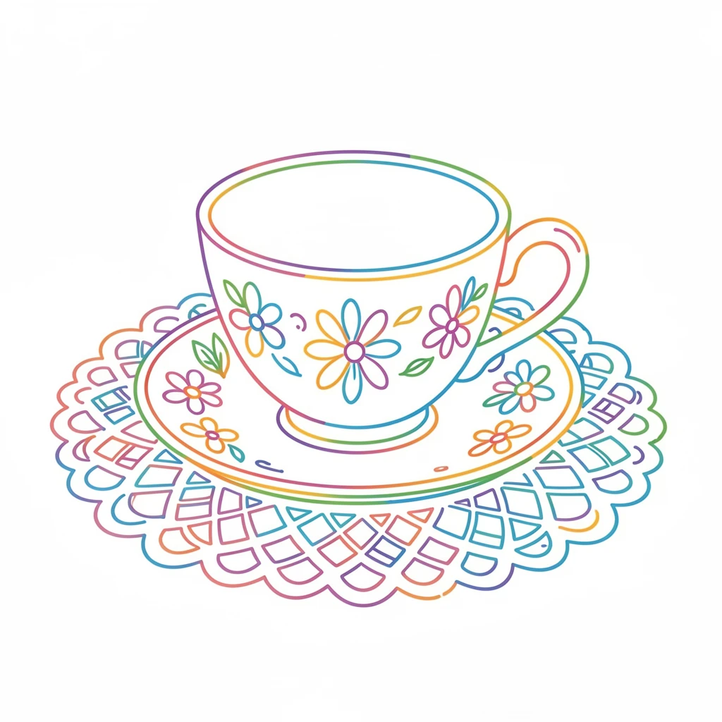 A hand-painted teacup and saucer set arranged on a lace doily.