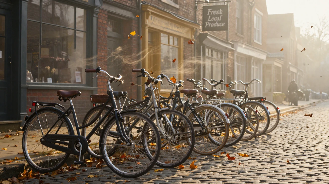 A row of parked bicycles swept by strong autumn winds as the town slowly wakes