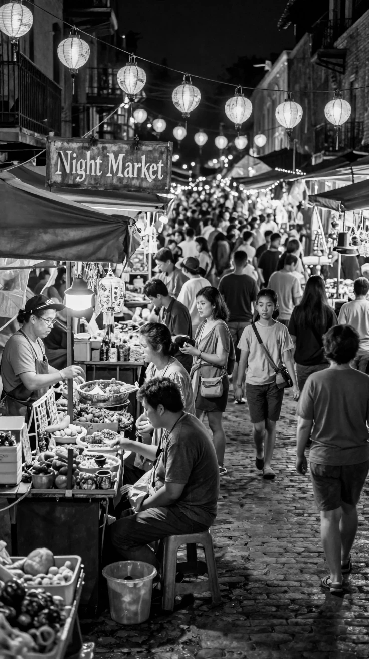 A crowded night market comes alive with vendors and lanterns along a narrow market street.