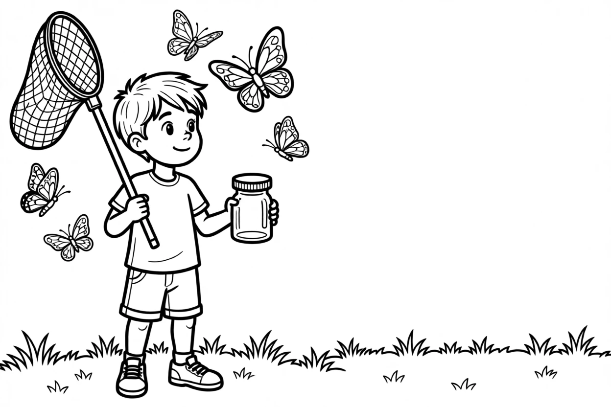A child collecting butterflies with a net and jar for observing