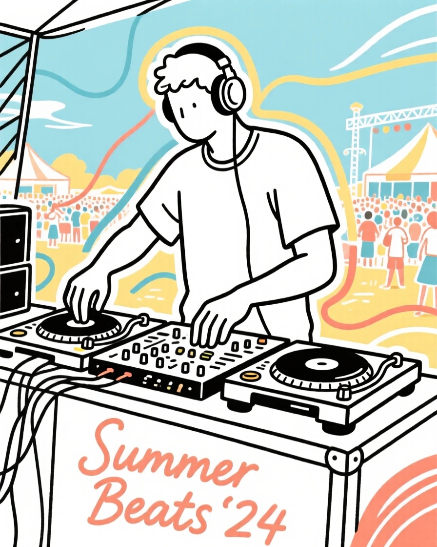 A DJ mixing music at a lively outdoor summer festival.