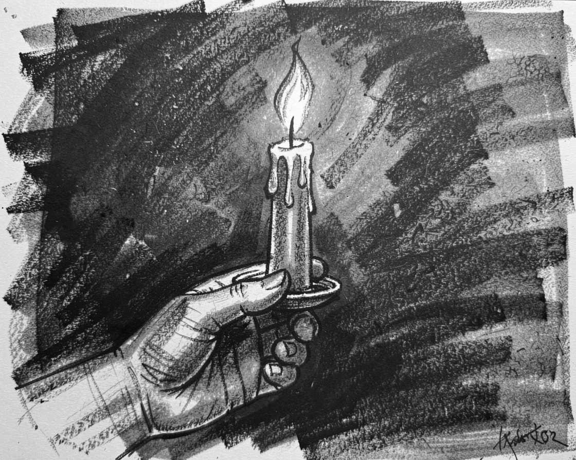 A single candle held aloft in a sea of darkness, as the last light of day fades to dusk.