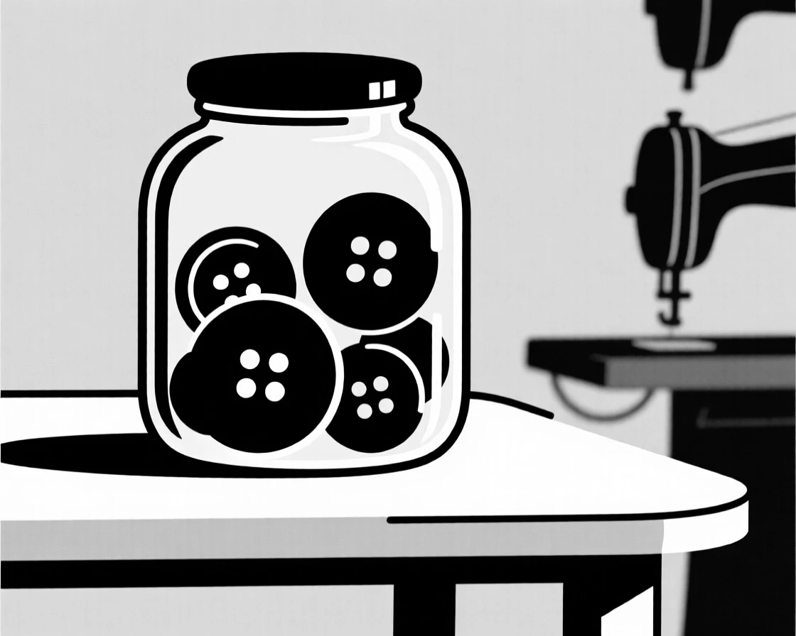 A jar of colorful buttons on a sewing table.