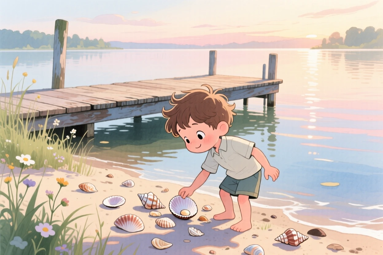 A curious little boy collecting seashells along the shoreline, in a lakeside dock at early morning, capturing the pure joy of childhood wonder.