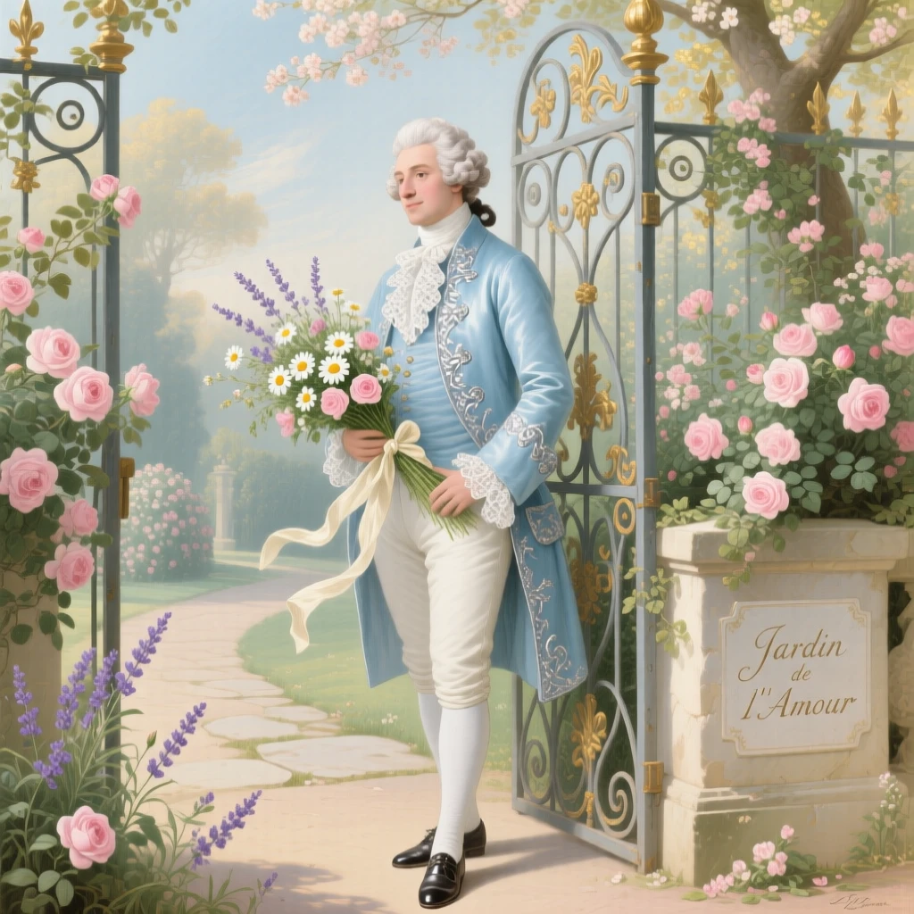 A gentleman waiting at a garden gate with a bouquet of wildflowers  