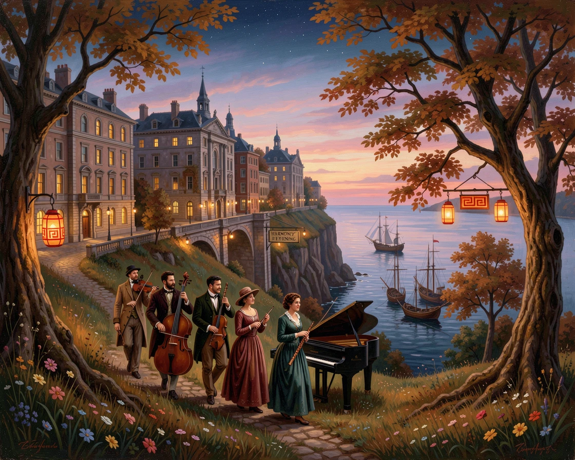 A group of musicians walks along a hilltop city overlooking the sea as evening lanterns are lit.