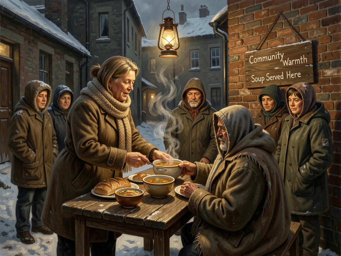 A volunteer serving warm meals to those in need on a cold winter night, as golden, hopeful light fills the entire scene, celebrating courage, perseverance, and the strength of the human spirit