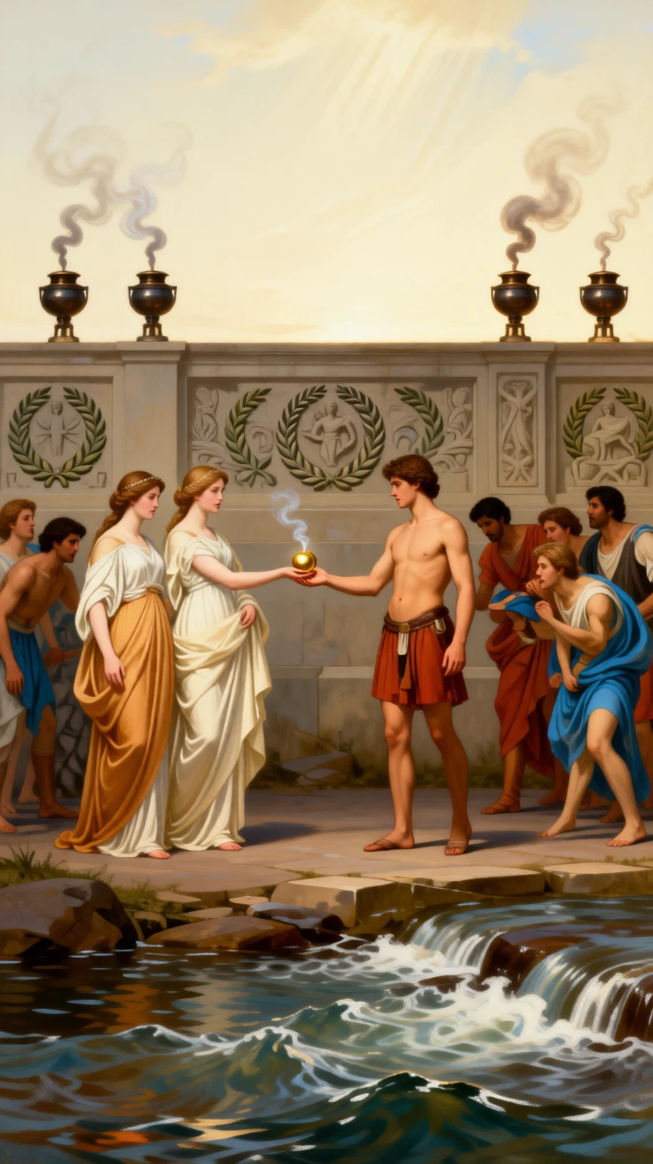 The Trojan prince Paris awarding the golden apple to the fairest goddess while onlookers lean forward in astonishment, set beside the rushing waters of a mythic river, as smoke from ceremonial braziers curls upward past carved friezes; the horizon splits the scene between earthly struggle and divine light, capturing the timeless clash of glory and mortality.