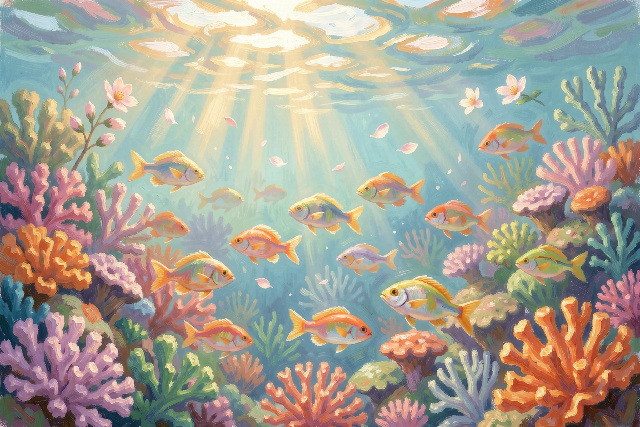 A school of colorful tropical fish weaving through a vibrant coral reef bathed in shafts of sunlight, just as the first blossoms of spring appear, radiating joy and gentle celebration.