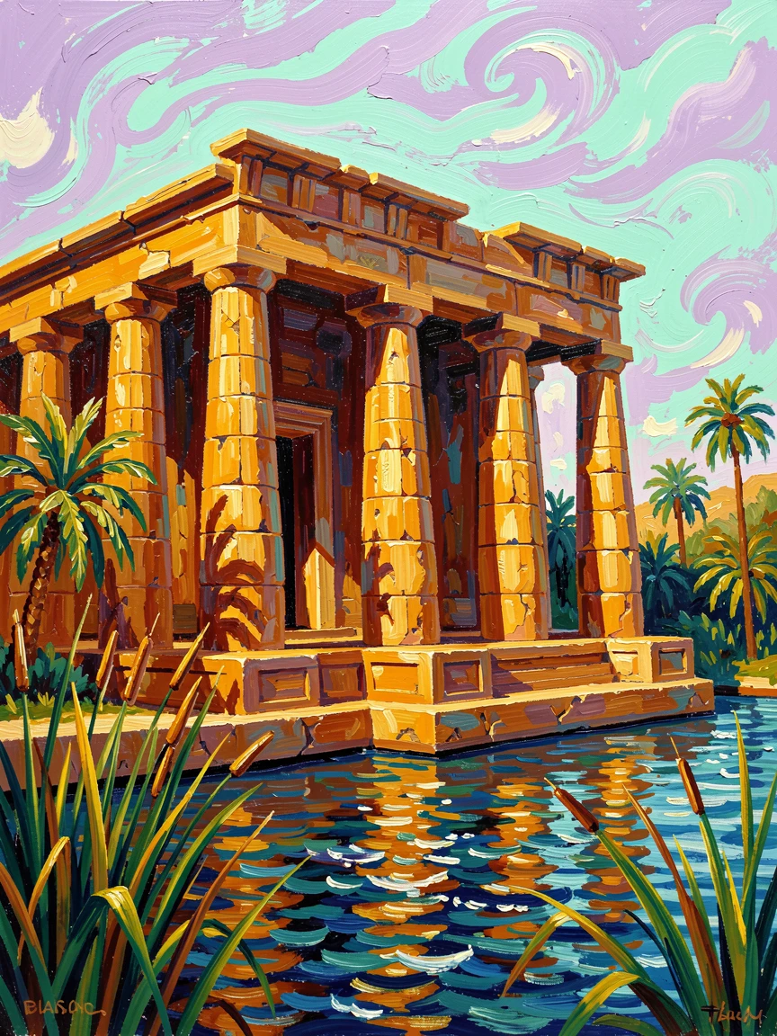 An ancient Egyptian temple bathed in golden light as the Nile flows beyond its columns.