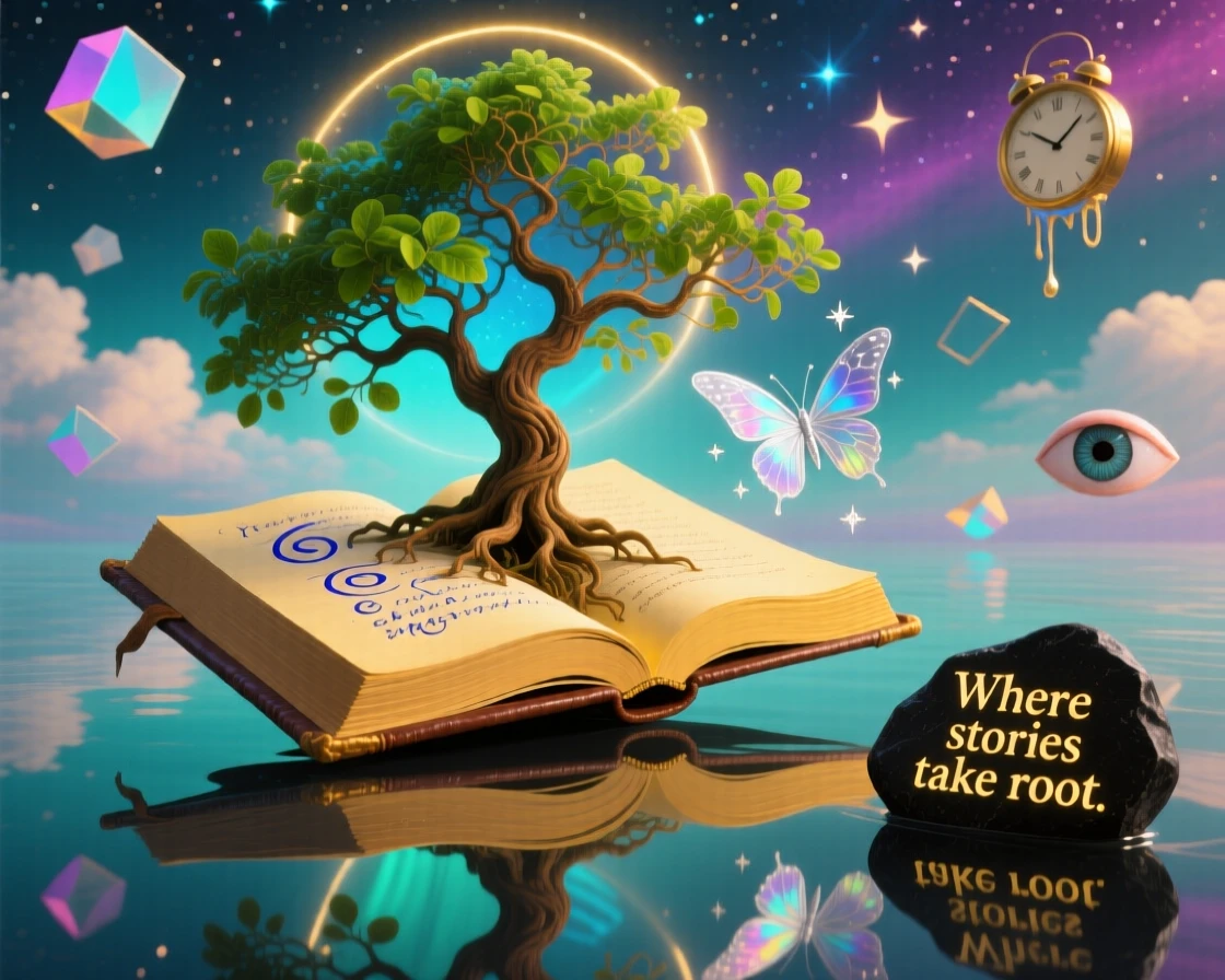 A tree growing directly from the pages of an open journal hovers weightlessly above a calm, reflective surface, while soft light gathers gently around its edges.