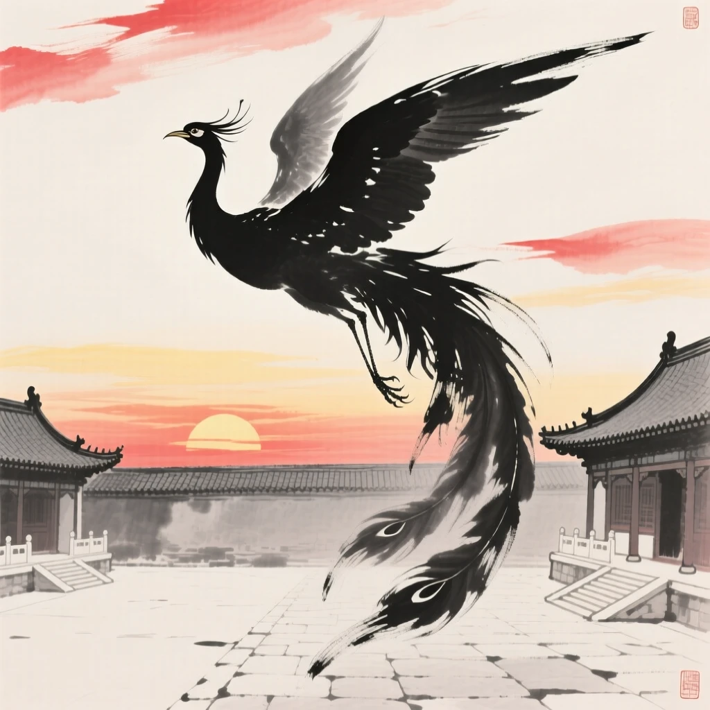 A phoenix descends toward a palace courtyard at sunrise, beneath a sky streaked with brilliant color.