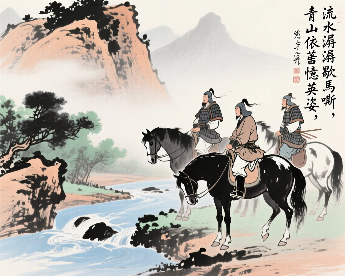 Warriors on horseback pausing to rest beside a mountain stream, carrying a mood of wistful nostalgia.