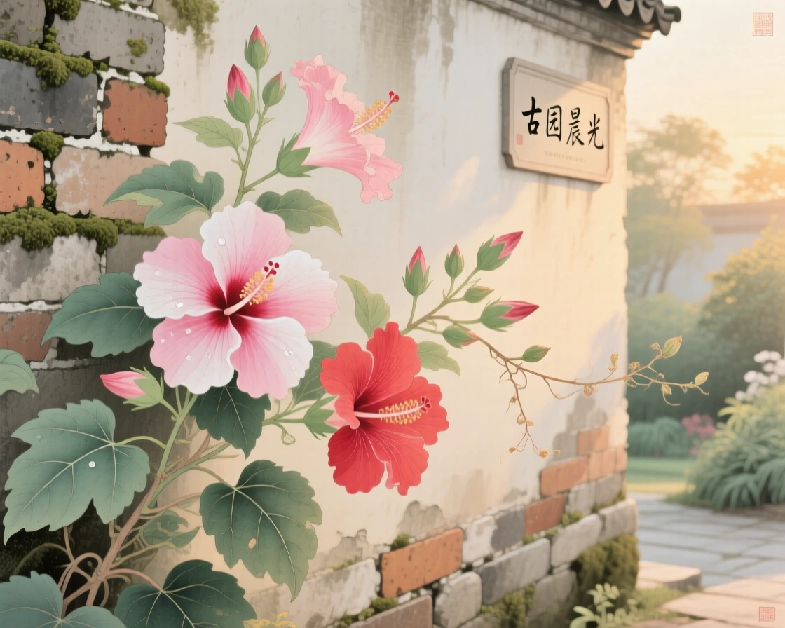 Hibiscus flowers by a garden wall in an old walled garden at dawn