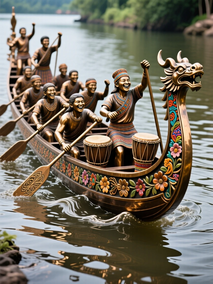 A community rowing a decorated ceremonial boat down a river, with rich cultural detail and vibrant color, celebrating shared human joy
