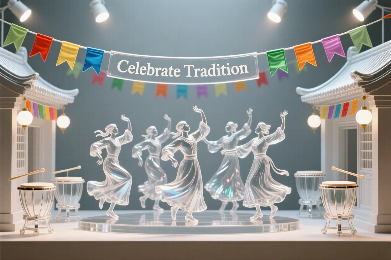 Beneath strings of colorful flags stretched between buildings, a group performing a traditional dance beneath festival banners, while drums echo steadily through the crowd