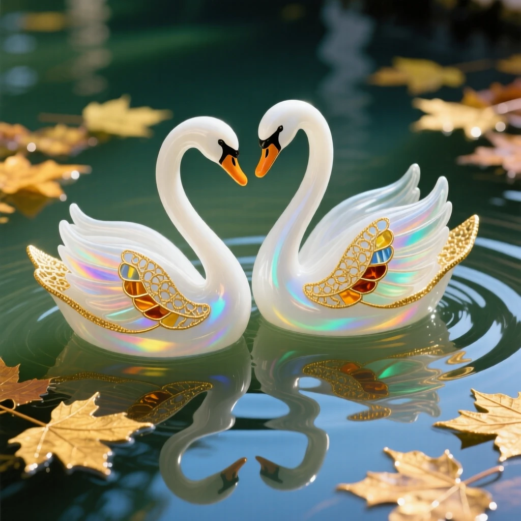 A pair of swans gliding through golden autumn leaves drifting on still water, tender and seasonal.