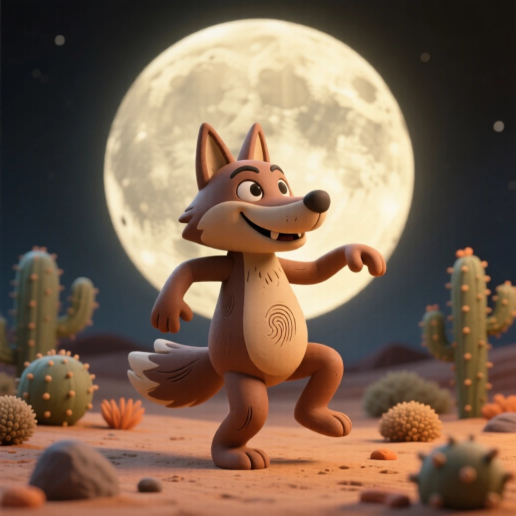 Coyote the trickster spirit dancing beneath a desert full moon