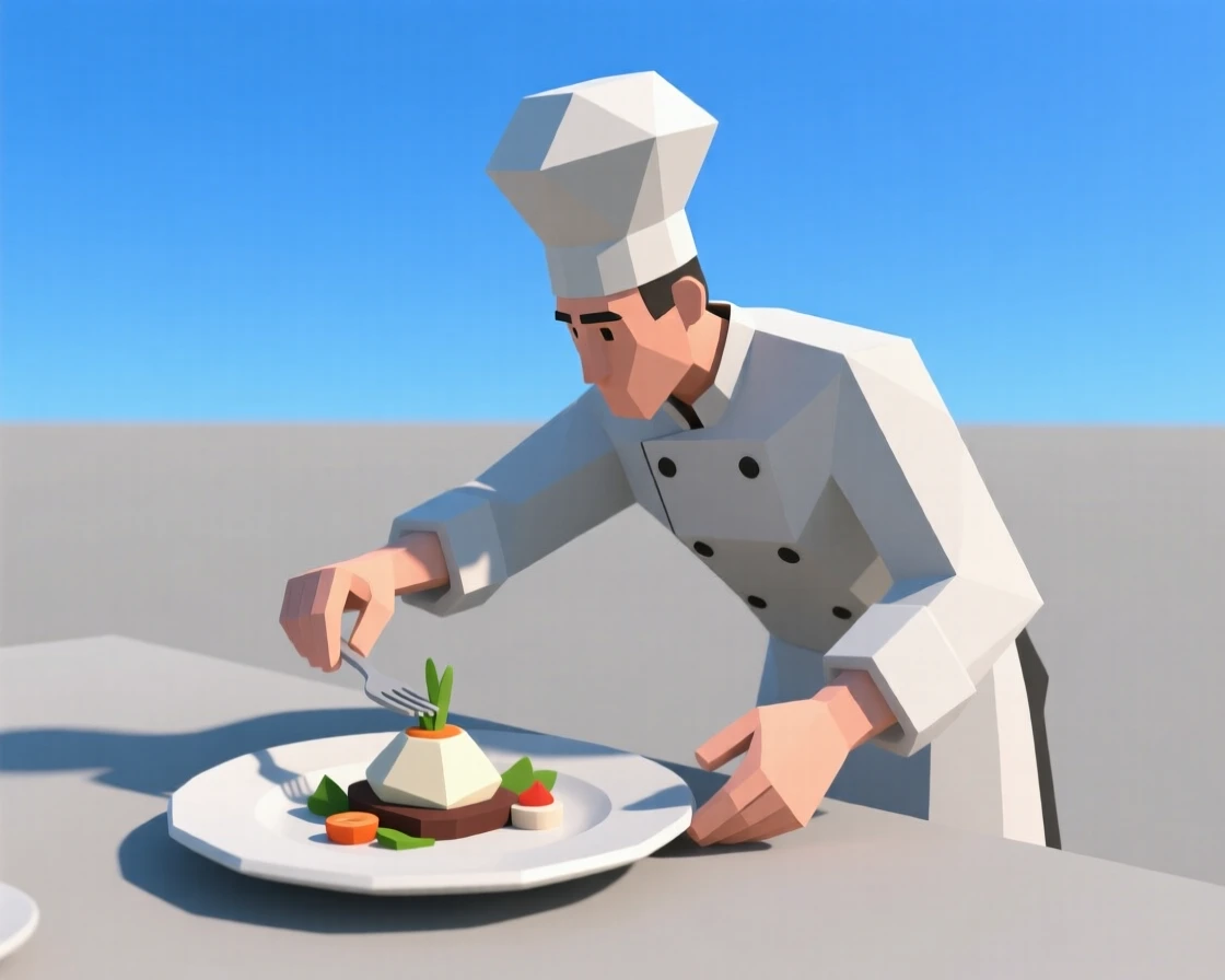 A chef carefully plating an elegant dish, beneath a clear blue sky. dynamic motion is captured with a clear sense of energy. The scene feels energetic and inspiring.