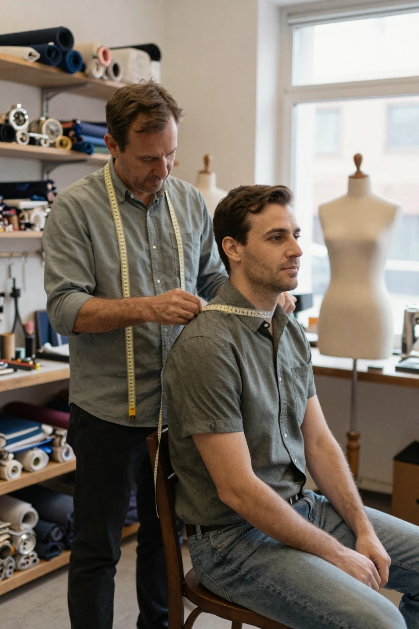 A tailor measures a client's shoulders with a tape measure draped around his neck.