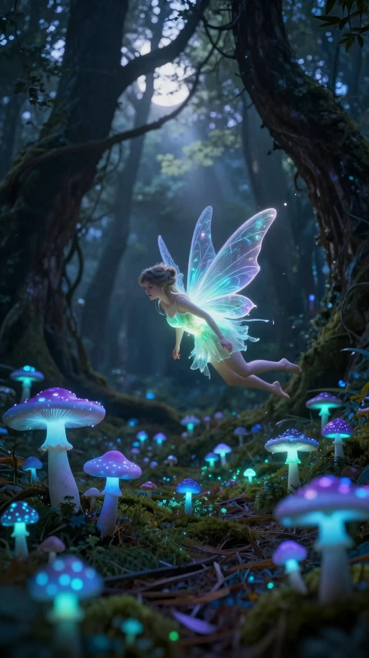 A glowing fairy hovering above a bed of luminous mushrooms in an enchanted forest