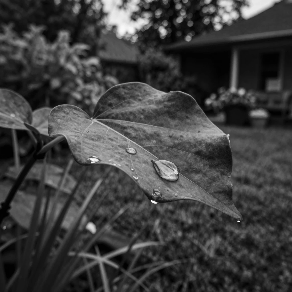 A drop of water on a leaf clings perfectly to a curved green surface in a quiet backyard garden.