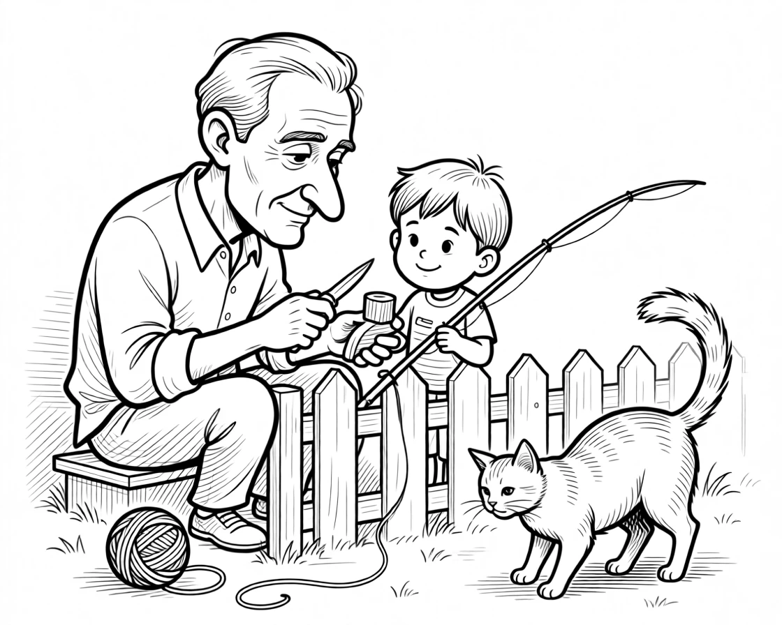 A grandfather whittling a small wooden toy, guiding small hands gently along the fishing rod, set over a low garden fence. A ball of yarn rolls gently as the cat shifts. It captures the quiet joy of passing traditions down.
